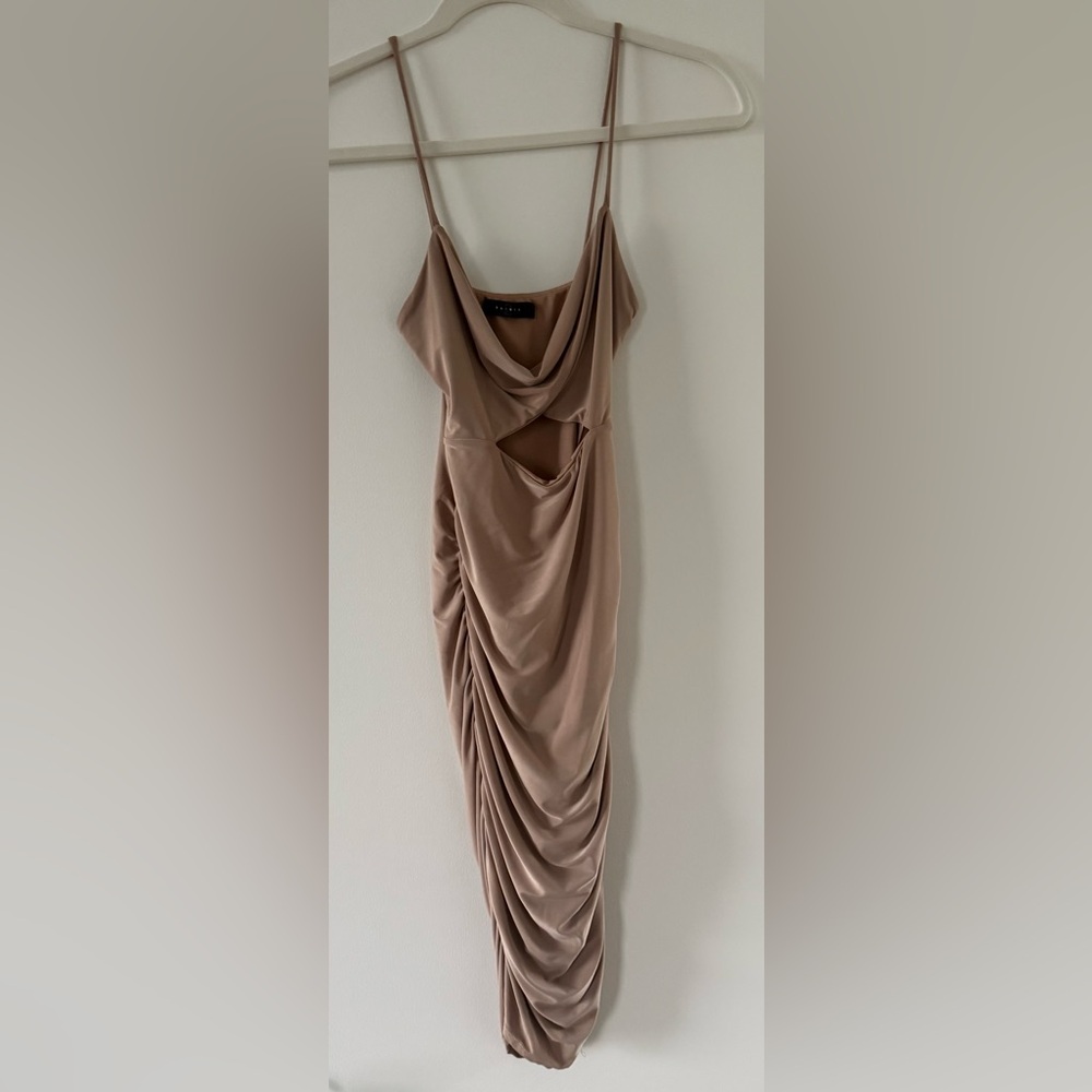 Saints Taupe Ruched Midi Dress Cutout Bodycon Small